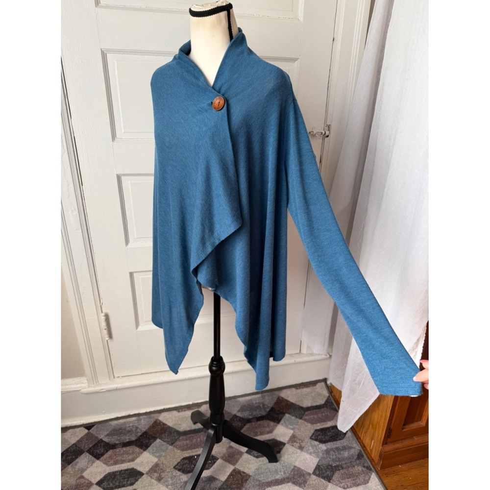 Bobeau Teal Blue Wrap Cardigan Shawl Poncho Sweater Asymmetric Lagenlook Lg - Picture 4 of 11